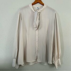 Unique Vintage Cream Button Down Long Sleeve Tie Neck Blouse 3X